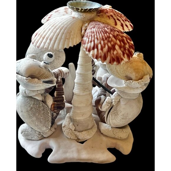 Handcrafted Shell Turtle Musician Figurines Under Palm Tree 4" T Vintage - Picture 9 of 14